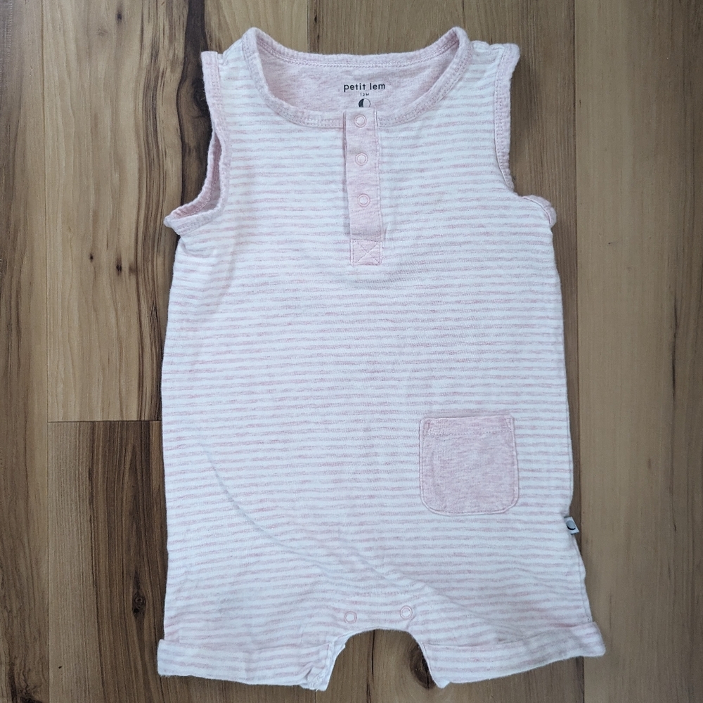 Petit Lem Baby Size 12M Pink White Striped Sleeveless Romper Pocket Snap Legs